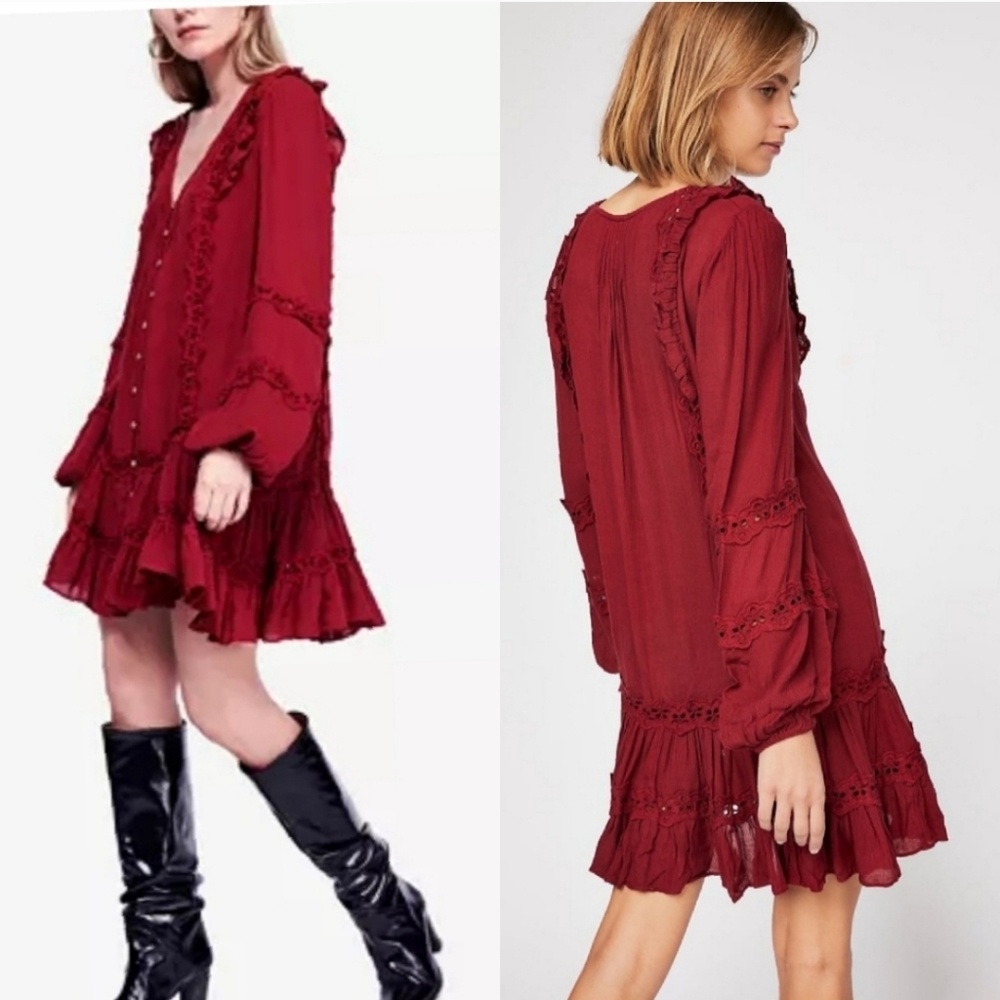 Free People Snow Angel Ruffle Eyelet V-neck Boho Bohemian Mini Dress in Wine - Picture 2 of 12